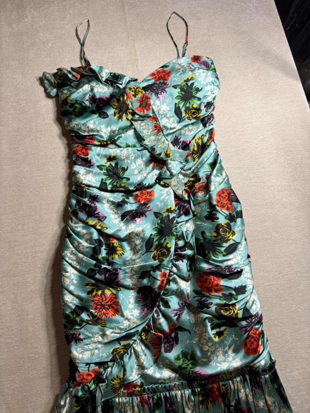 Vintage 90s Betsey Johnson Ruffled and Ruched Silk Floral Dress - Picture 2 of 8